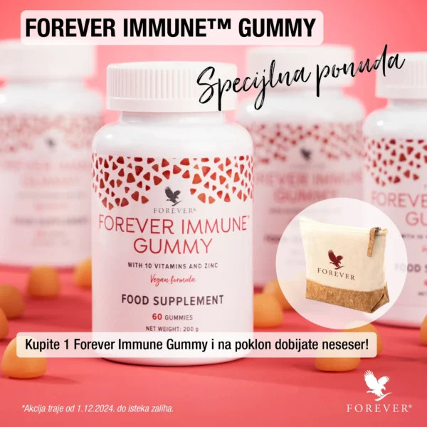 Forever Immune Gummy • Mešavina 10 vitamina i cinka • Lako se uzimaju, gumeni bomboni za žvakanje • Prikladno za vegane • Manje je verovatno da će se lepiti ili topiti na višim temperaturama • Aroma tropskog voća